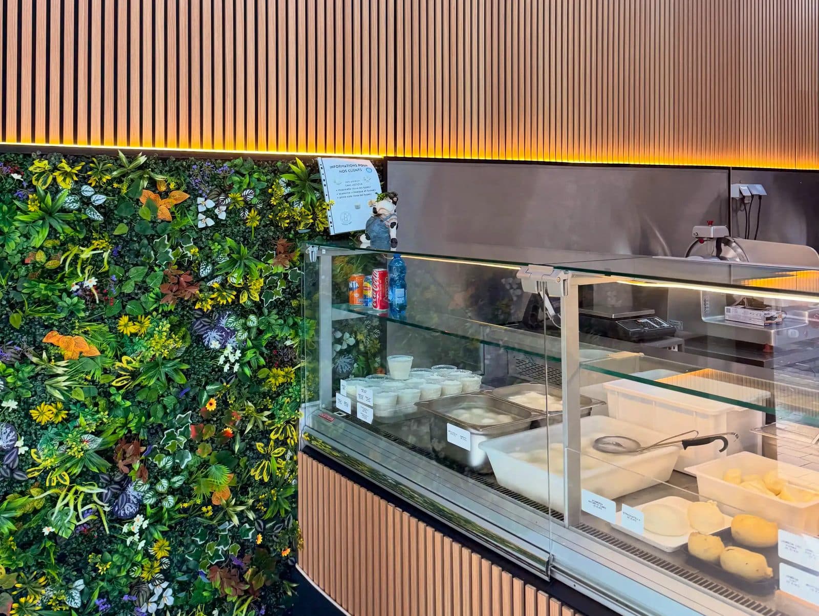 La vitrine des laitiers frais : les ricottas, les bacs de mozzarella et les primo sale, entre le mur végétal et le bardage éclairé